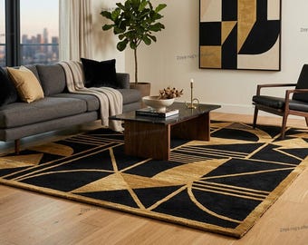 Black and Gold Geometric Art Deco Rug, Modern Luxury Plush Hand-Tufted Area Rug for Living Room, Abstract Pattern Statement Floor Art, 9X12.