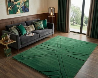Emerald Green Area Rug | Geometric Tufted Carpet | Modern 3D Textured Rug for Living Room | Abstract Minimalist Decor | Deep Green Plush Rug