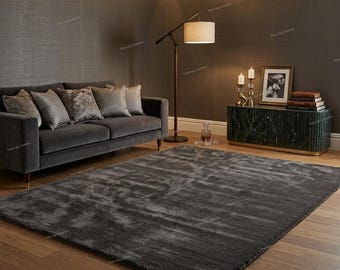 Luxury Silk Gray Area Rug, Solid Dark Charcoal Plush Carpet, Modern Minimalist Hand-Tufted Rug for Living Room, Custom Bedroom Decor, 8X10.