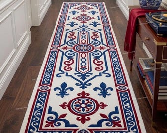 Classic Hallway Runner Rug, Red Blue and White Geometric Medallion Entryway Carpet, Traditional Floor Rug for Kitchen or Foyer, Custom Rug.