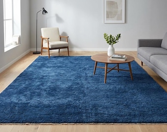 Hand Loom Knotted Navy Blue Wool Area Rug, Solid Blue Modern Living Room Carpet, Handmade Minimalist Rug, Luxury Bedroom Floor Rug, 10X14.
