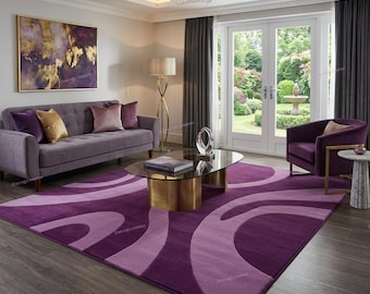 Modern Abstract Purple Area Rug | Lilac & Deep Purple Wavy Swirl Design | Contemporary Decor Carpet for Living Room and Bedroom, 8X10 /10X14