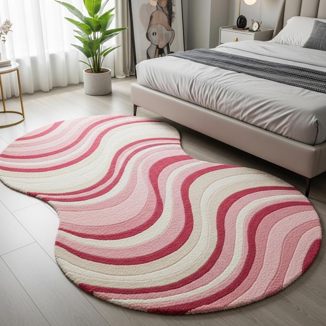 Modern Wavy Pink Abstract Rug – Soft Handmade Tufted Carpet for Bedroom ...