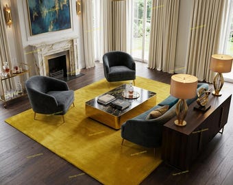 Mustard Yellow Area Rug | Solid Color Plush Living Room Carpet | Modern Tufted Wool Rug for Bedroom | Custom Size Bright Yellow Floor Rug,