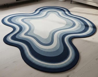 Irregular Wave Blue Abstract Tufted Rug – Modern Handcrafted Wavy Carpet for Living Room & Bedroom Decor