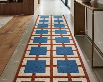 Mid Century Modern Geometric Runner Rug | Blue and Rust Tufted Hallway Carpet | Retro Checkered Entryway Mat | Custom Hand Tufted Rug, 3X12.