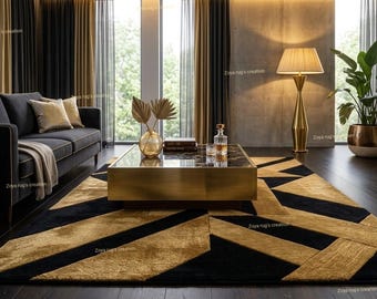 Black and Gold Area Rug | Luxury Art Deco Carpet | Modern Chevron Living Room Rug | Glam Home Decor | Large Abstract Floor Rug, 8X10 /10X14.
