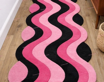 Pink and Black Wavy Runner Rug | Scalloped Edge Squiggly Rug | Groovy Y2K Room Decor | Retro Dopamine Decor Hallway Runner | Tufted Rug, 3X9