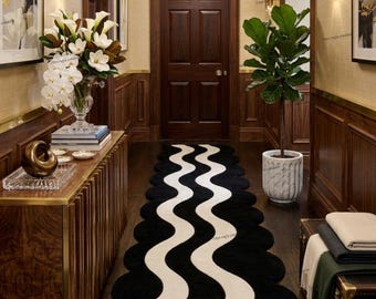 Wavy Black and White Runner Rug | Scalloped Edge Hallway Runner | Modern Tufted Entryway Rug | Funky Aesthetic Decor | Custom Long Rug, 3X12