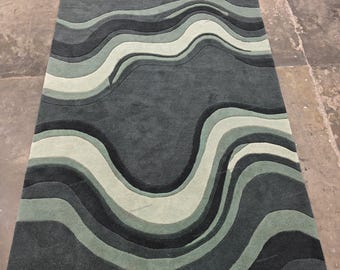 Abstract Green Wavy Rug | Modern Tufted Area Rug with Topographical River Design | Sage Green and Black 3D Textured Rug for Living Room, 5X8