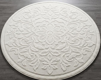 Round Embossed Floral Rug Soft Textured White Carpet Elegant Mandala Design Area Rug Living Room Bedroom Home Decor 6X6 / 8X8 / 12X12