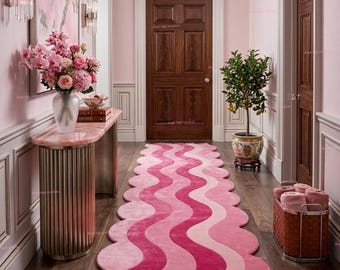 Pink Wavy Runner Rug, Squiggly Hallway Carpet, Scalloped Edge Tufted Rug, Preppy Room Decor, Maximalist Entryway Runner, Retro Pink Rug,4X16