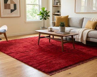 Burgundy Hand Loom Knotted Wool Rug, Solid Red Area Rug, Handmade Plush Carpet, Modern Living Room Rug, Bedroom Floor Rug,8X10 /9X12.