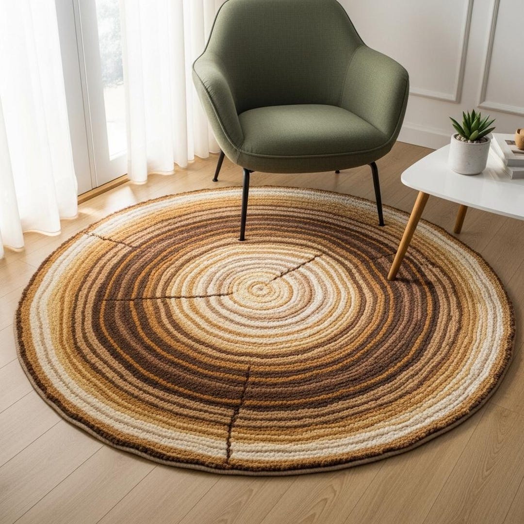 Handmade Round Tree Ring Rug | Natural Wood Slice Design Crochet Carpet ...