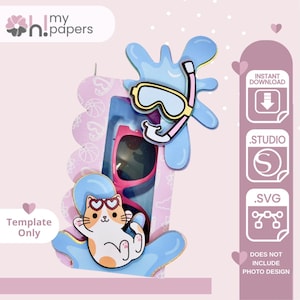 May include: A digital template for a paper craft featuring a pink pair of sunglasses, a cartoon cat wearing heart-shaped glasses, and a blue water splash design with a snorkel mask. The text includes "my papers", "Template Only", "INSTANT DOWNLOAD", ".STUDIO", ".SVG", and "DOES NOT INCLUDE PHOTO DESIGN".