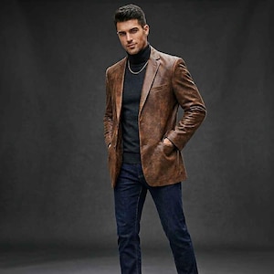 Men's 90s Distressed Brown Leather Lambskin Blazer-Men Soft Tailored-Two Button-Casual Overcoat-Boys-Handmade Biker Style-Coat, Gift-For-Him