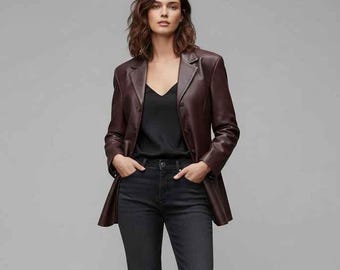Handmade Women's Brown Leather Blazer, Women Button-Up Sheepskin Formal Coat, Office Blazer-Jacket, Gift Her