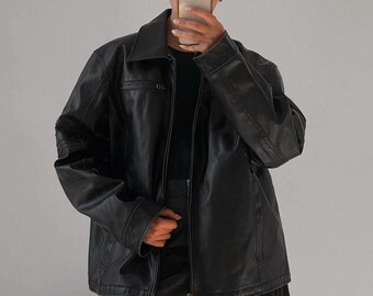 80's Women's Black Oversized Leather Jacket, Ladies Lambskin Plus-Size Winter-Coat, Vintage Bomber Leather-Jackets, Sheep-Leather