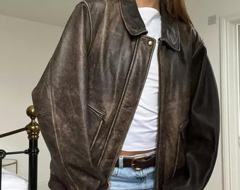 1990's Ladies Distressed Leather Jackets ,Women Brown Leather Jacket, Bomber Leather-Jacket, Women's Collection, Christmas-Gift