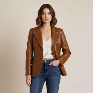 Handmade Women's Brown Causal Leather Blazer, Women Button-Up Sheepskin Coat, Office Blazer-Jacket, Gift Her