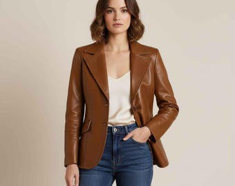 Blazer en cuir marron pour femme fait main, manteau boutonné en peau de mouton pour femme, blazer-veste de bureau, cadeau pour elle
