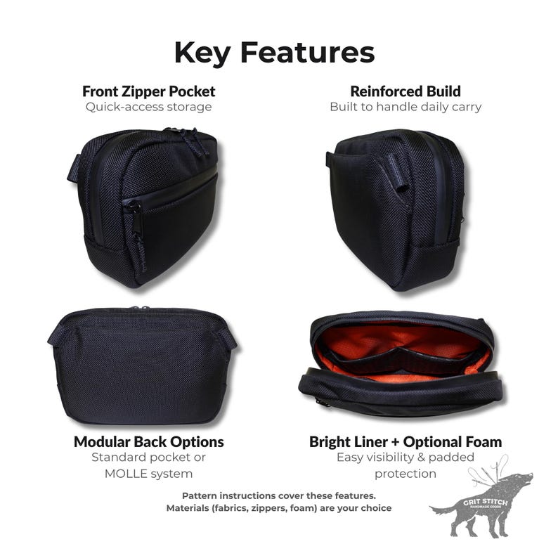 Sling bag sewing pattern highlights – front zipper pocket, reinforced build, modular back options, and bright liner.