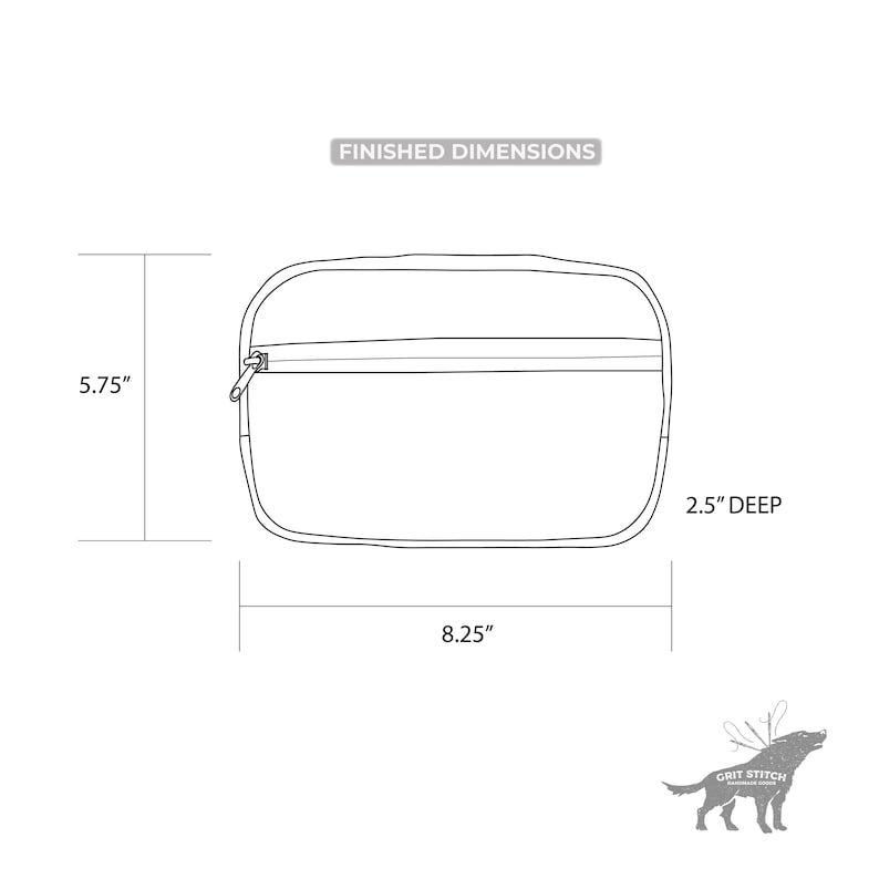 May include: A white, rectangular bag with a zipper closure, labeled with "FINISHED DIMENSIONS." The bag is 8.25 inches wide, 5.75 inches high, and 2.5 inches deep. A logo of a wolf is in the bottom right corner.