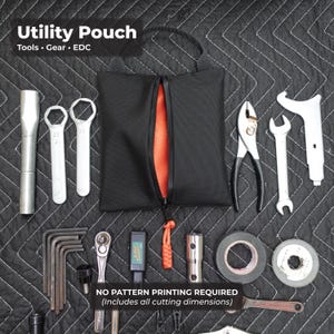 May include: Black utility pouch with orange interior, surrounded by various tools including wrenches, pliers, and tape. The pouch has a zipper closure and a handle. Text on the image reads "Utility Pouch" and "NO PATTERN PRINTING REQUIRED".