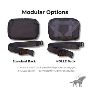 Modular sling bag pattern showing standard back and MOLLE strap options – customizable EDC sewing project.
