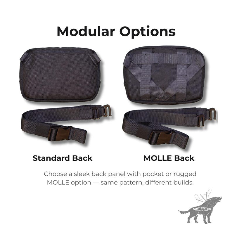 Modular sling bag pattern showing standard back and MOLLE strap options – customizable EDC sewing project.