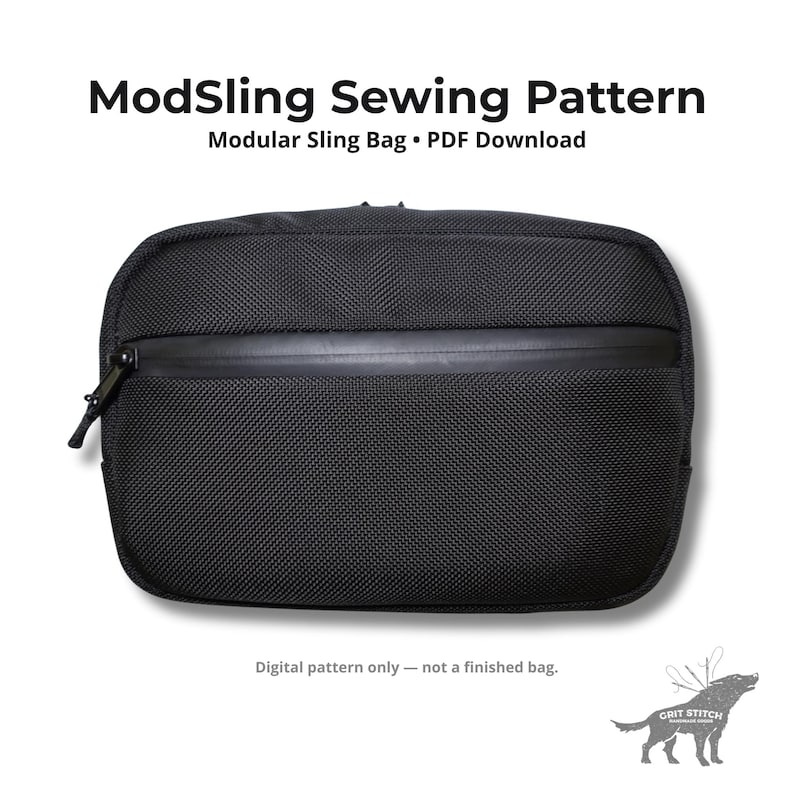 Modular sling bag sewing pattern PDF – finished bag example made with Cordura fabric and waterproof zipper.