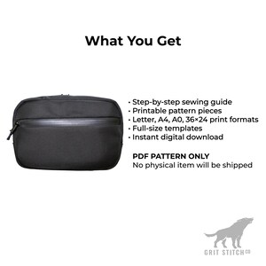 May include: Black rectangular bag with a zipper and a textured surface. The image includes text that says "What You Get" and lists features like a sewing guide and printable pattern pieces. The bag is a PDF pattern only.