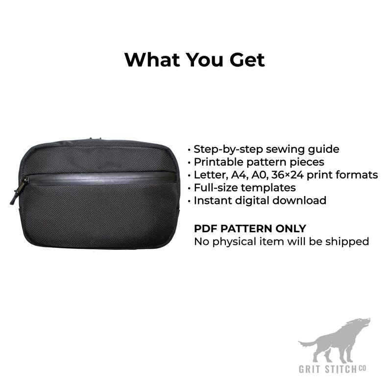 May include: Black rectangular bag with a zipper and a textured surface. The image includes text that says "What You Get" and lists features like a sewing guide and printable pattern pieces. The bag is a PDF pattern only.