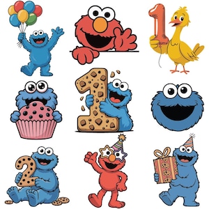 May include: A collection of colorful cartoon character illustrations. The characters include a blue monster holding balloons, a red character peeking over a surface, a yellow bird holding a number one balloon, and a blue monster holding a cupcake.