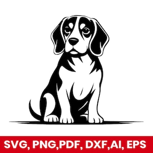 Puede incluir: Ilustración en blanco y negro de un perro beagle sentado. El perro tiene orejas grandes y caídas y una expresión amigable. La imagen incluye el texto "SVG, PNG, PDF, DXF, AI, EPS" en una pancarta roja en la parte inferior.