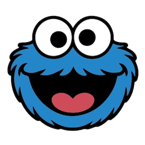 May include: A cartoon illustration of the Cookie Monster's face. The character has large white eyes with black pupils, a blue furry face, a wide open black mouth, and a red tongue.