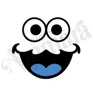 May include: A cartoon face with large, round eyes and a wide, smiling mouth. The eyes are white with black pupils, and the mouth is black with a blue tongue. The overall design is simple and playful, perfect for children's products.