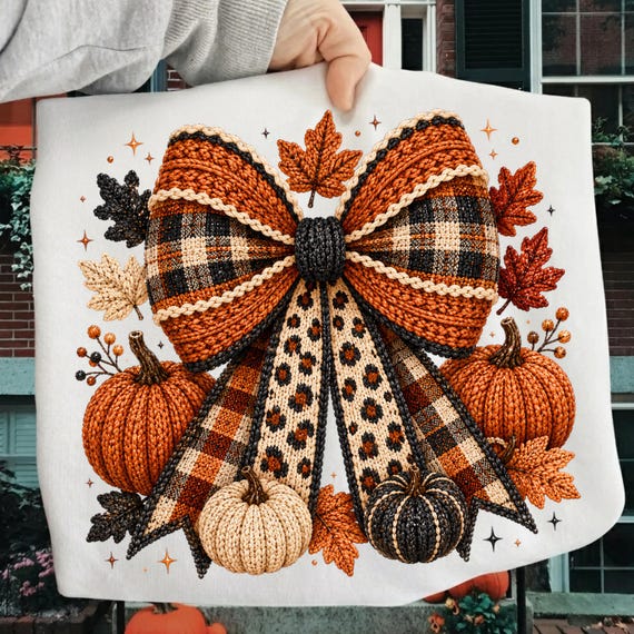 Fall Faux Knit Bow PNG, Halloween Pumpkin Bow PNG, Autumn Coquette Bow, Faux Yarn Texture, Thanksgiving Sublimation Design, Fall Shirt png