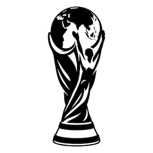 Puede incluir: Una ilustración gráfica en blanco y negro de un trofeo que presenta un globo terráqueo estilizado sostenido por dos figuras con los brazos levantados. El diseño muestra una base cónica, una columna central y una parte superior esférica.