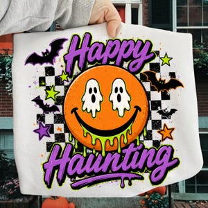 Happy Haunting PNG, Retro Halloween Smiley PNG, Ghost Face Smiley Sublimation, 90s Halloween Shirt Design, Trendy Png, Digital Download