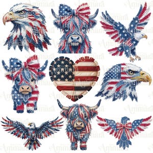 Puede incluir: Una colección de ilustraciones patrióticas con la bandera estadounidense. Las imágenes incluyen águilas, vacas de las Tierras Altas y un diseño en forma de corazón, todos adornados con patrones rojos, blancos y azules. Ideal para el Día de la Independencia.