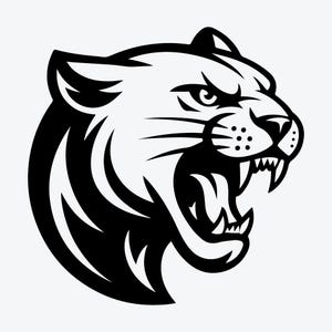 May include: A black and white illustration of a roaring cougar head. The cougar's mouth is open, revealing sharp teeth. The design features bold lines and a fierce expression, suitable for sports teams or apparel.