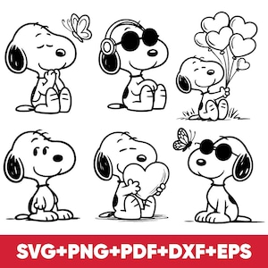 May include: Black and white line art of a cartoon dog in various poses. The dog is shown with a butterfly, headphones, sunglasses, heart-shaped balloons, and a heart. The bottom of the image has the text "SVG+PNG+PDF+DXF+EPS" in white on a red background.