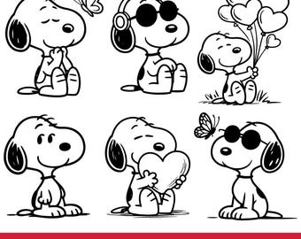 Snoopy-Inspired Dog SVG Bundle, Cute Beagle Cartoon Line Art, Valentine Dog Designs, Cricut Sublimation Files, Digital Download