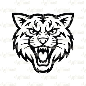 Puede incluir: Ilustración en blanco y negro de una cabeza de gato montés gruñendo. La imagen presenta líneas y detalles nítidos, mostrando los dientes y la expresión intensa del animal. El diseño es audaz y gráfico.