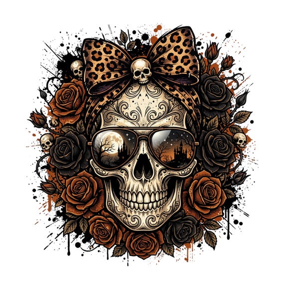 Leopard Skull Bow PNG, Coquette Halloween PNG, Gothic Skull Shirt Design, Spooky Floral Skeleton PNG, Halloween Sublimation