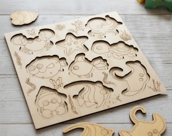 Handmade Laser-Cut Wooden Sea Animal Puzzle for Kids – Montessori Toddler Toy