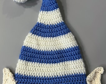 Crochet elf hat toddler to small child blue and white