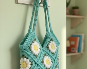Handmade Crochet Granny Square Tote | Daisy Flower Market | Teal Turquoise Shoulder | Unique Artisan Gift | Summer Beach Bag