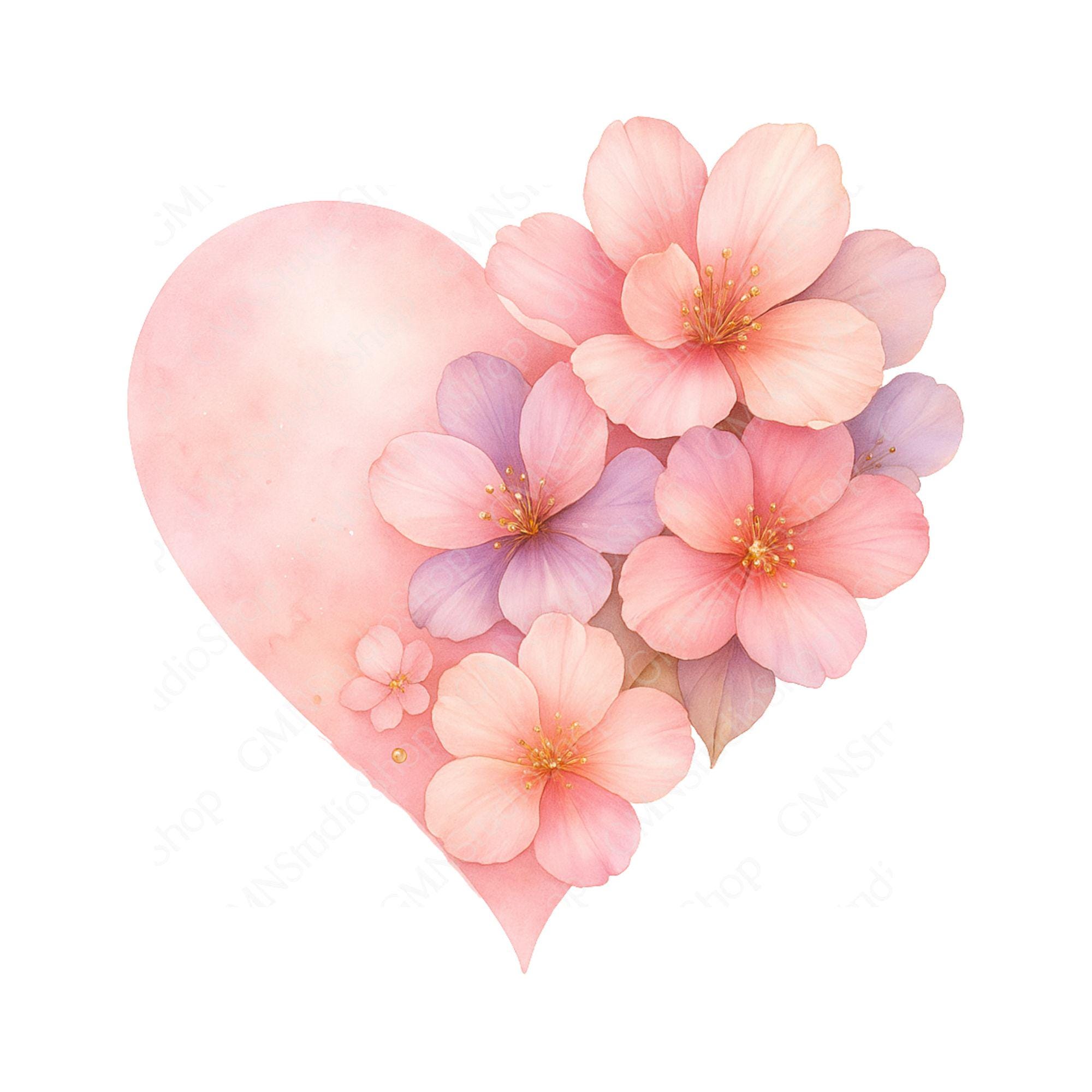 Floral Heart Watercolor Clipart, Pink Flowers (digital Download) - Etsy